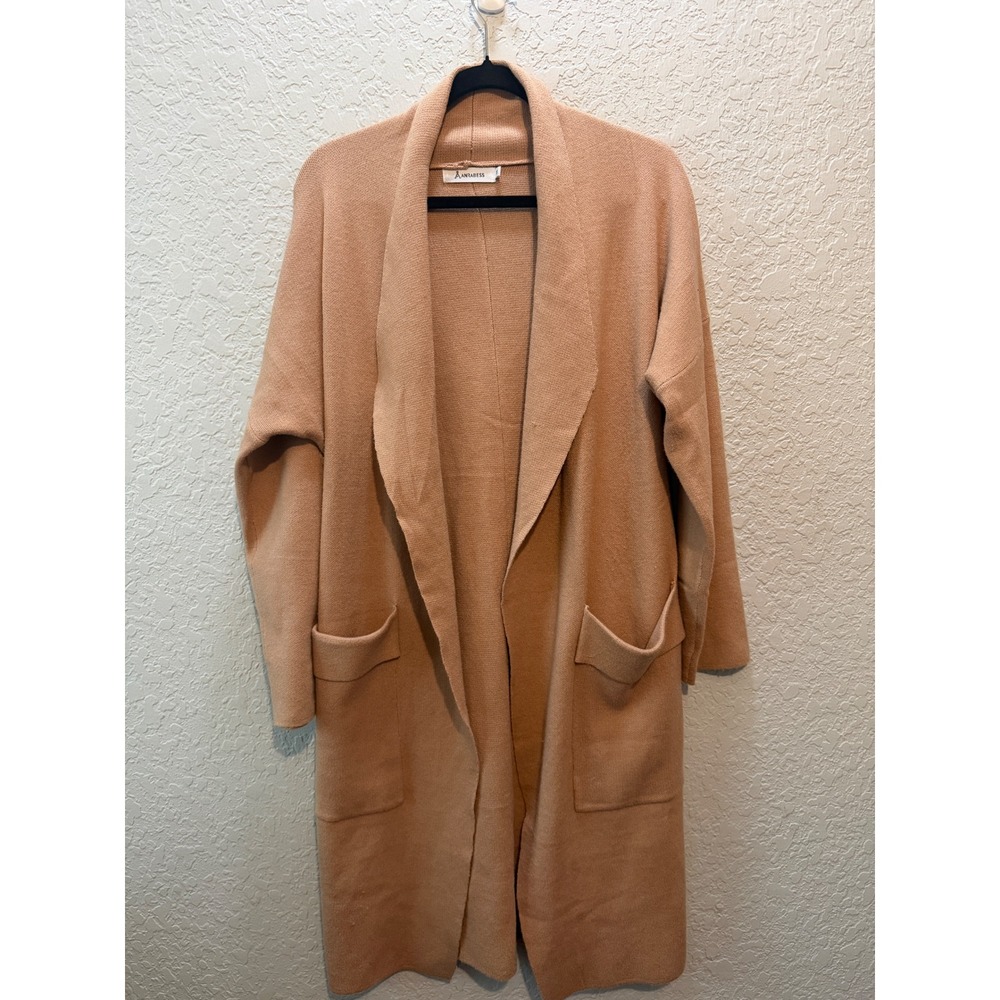 Anrabess Open Front Long Knit Cardigan Sweater Jacket Medium Tan Minimalist